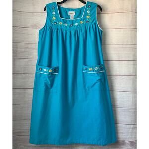 Vintage Anthony Richards Blue Sundress Embroidered Flowers House Dress Size L